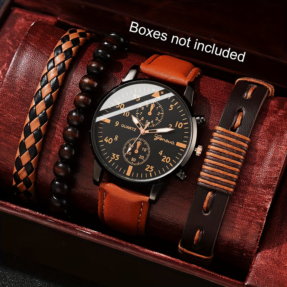 TEMU 4pcs/ Set Men's Fashion Watch & Bracelet Set - Multi-dial Chronograph Quartz Movement, Brown Strap & Black , Function, Business & Sports Watch Collection, For Men