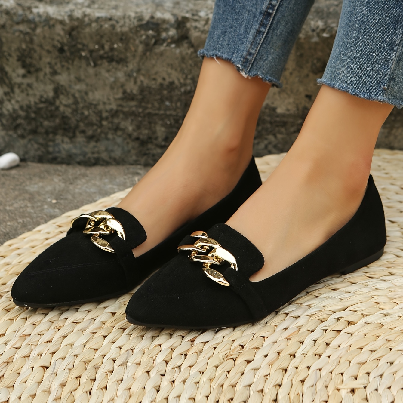 womens fashion pointed toe black slip on flats with   detail soft sole comfortable work     everyday shoes elegant     cover insole ladies shoes details 1