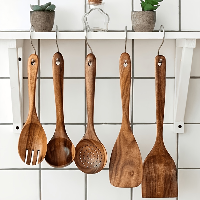 TEMU A 5pcs Set Of Wooden Kitchenware, Heat-resistant And , Including Cooking Spoons, Spatulas And Soup Spoons, Anti-corrosion, Made Of Natural Wood