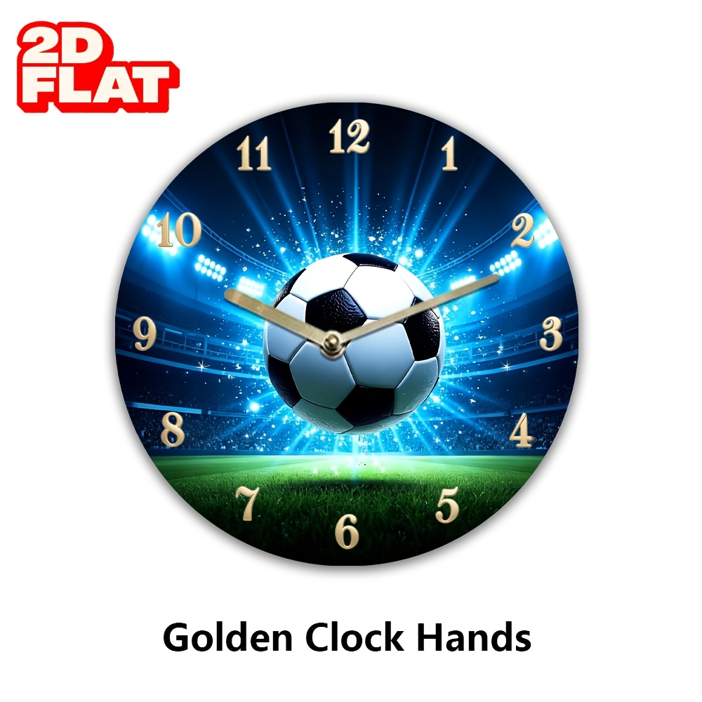 TEMU 2d Flat 1pc Round Wall Clock, Soccer Ball Stadium Vivid Sporty Decorative Silent Wooden Clock For Bedroom Office Living Room Sports Gift, Aa