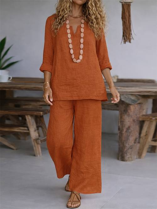 womens casual 2pcs set solid color long sleeve shirt top wide leg long pants