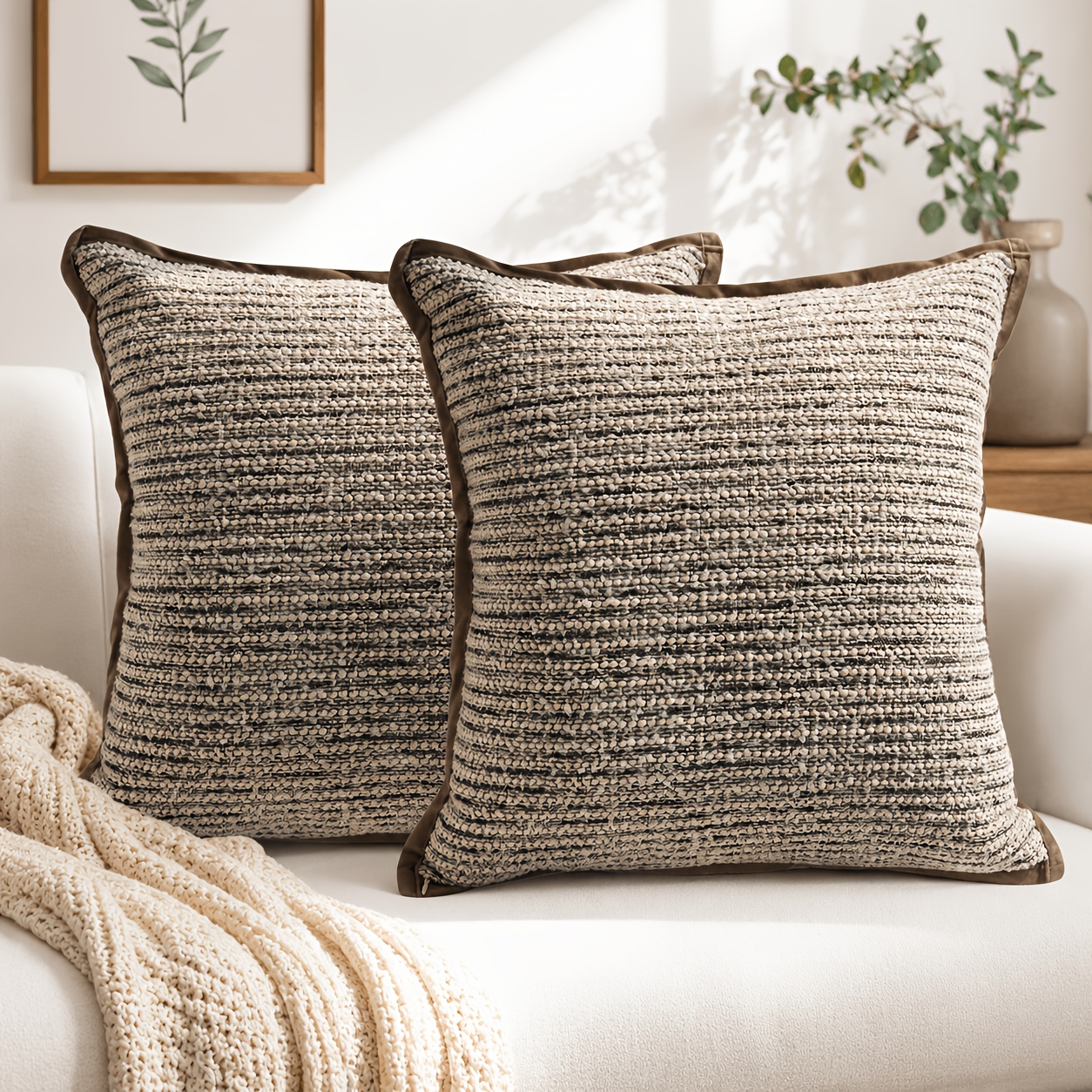 Pack of 2 Neutral Brown Throw Pillow Covers, Textured Front with Dark Khaki Velvet Back, Elegant Welted Trim Decorative Cushion Cases for Couch Sofa Bed Chair, Modern Home Decor, Pillow Covers Solely