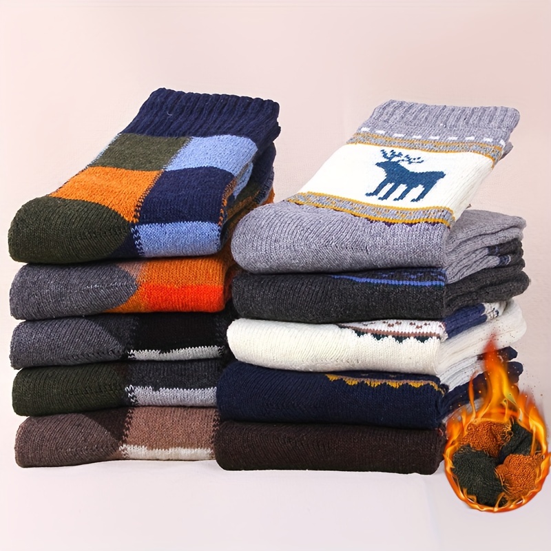 

Joey Run Men's 5-pack Winter Thick Knit Polyester Blend Socks With Plush Loop, Cozy Animal Patterns, Handwash Only - Warm Towel Mid-calf Crew Socks