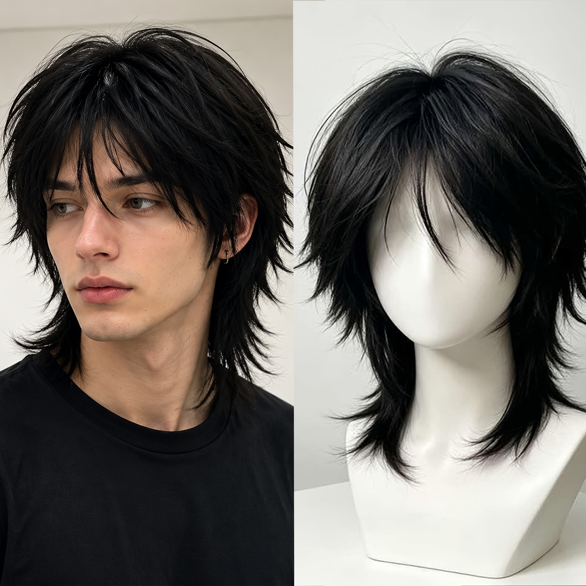 TEMU Men's Wolf Cut Mullet Wig, Black Shaggy Flip Out Spiky Mullet Wig With Bangs Heat Resistant Synthetic Fiber Adjustable Mesh Cap For Men Daily