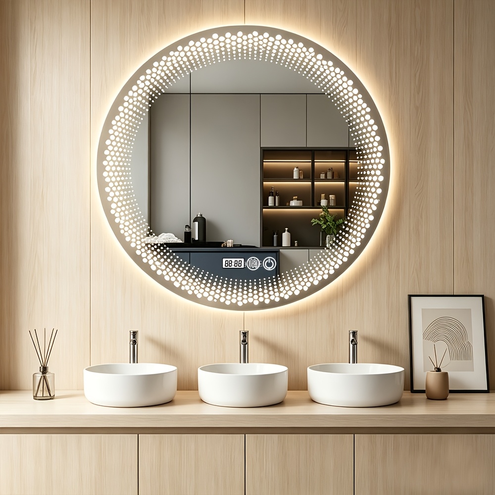 Aisutha Led Round Frameless Bathroom Vanity Mirror With Lights, , Wall-mounted, 3 Color Temperatures And Dimmable. Wall-mounted Bathroom Vanity Mirror, Wall-mounted Bathroom Mirror.