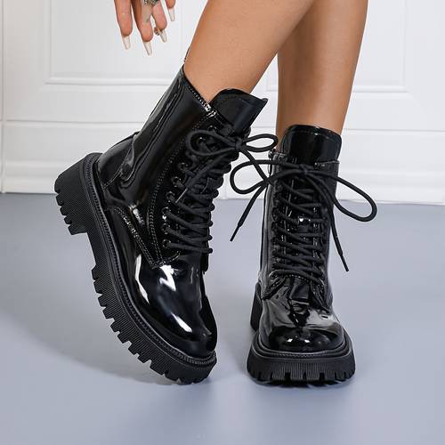 2025 neue glänzende schwarz-futter damenstiefel mit seitlichem reißverschluss schnürung, -calf knöchelstiefel, damenschuhe