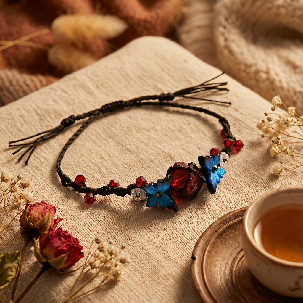 TEMU Ladies' Hand-woven Vintage Bracelet, Featuring Red Artificial Crystal With Black Braided Cord, Adjustable Length, Versatile Daily Accessory,