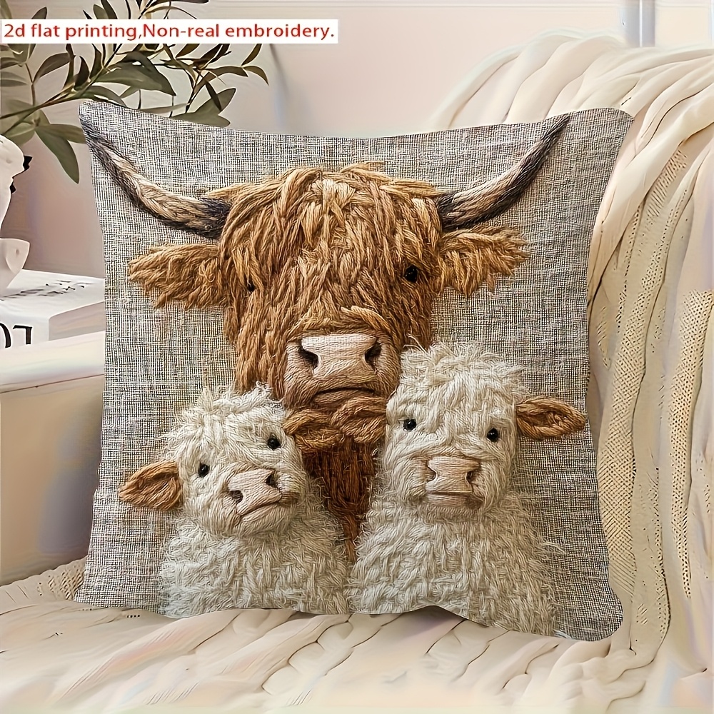 TEMU 2d Flat Design, 1 Highland Cow Family Single-sided Printed Pillowcase - Soft Polyester Fabric, Vintage Style Decorative Cushion Cover For Living