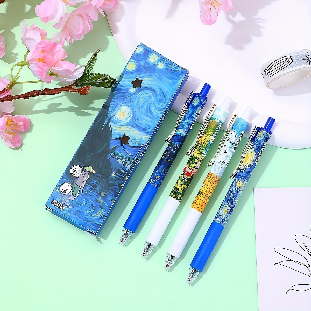 TEMU 4pcs Oil Painting Pattern Retractable Gel Pens, 0.5mm Tip, Quick-drying Black Ink, Smooth Writing, Ideal For Home, School, And Office Supplies,
