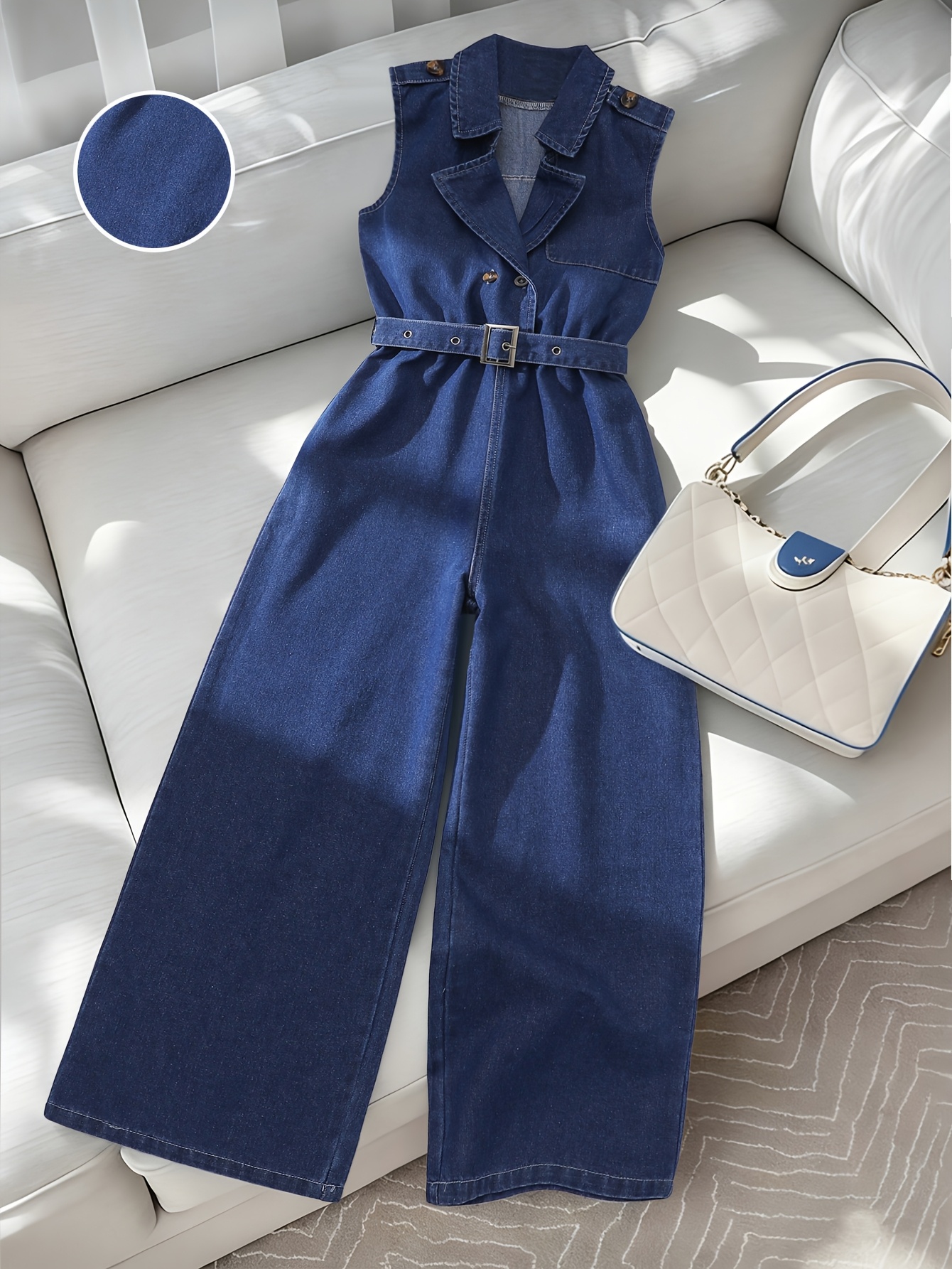 Girls' Fashion Solid Color Regular Turn- Collar Button Denim Sleeveless Belted Loose Jumpsuit Ankle-Length Denim Jumpsuit Summer Casual Girls' Jumpsuit, for Outdoor