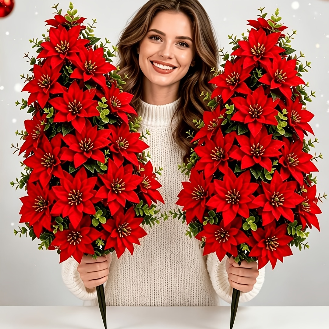 christmas artificial red poinsettia plug dense and full multi layer red flower heads with green branches and leaves no watering needed easy to care for reusable suitable for courtyards   flower pots window displays fireplaces