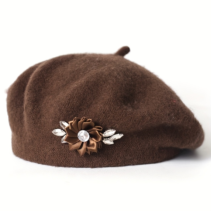 TEMU 1pc Rhinestone Flower Solid Color Women's Beret Hat, Multiple Colors , Suitable For Daily Use
