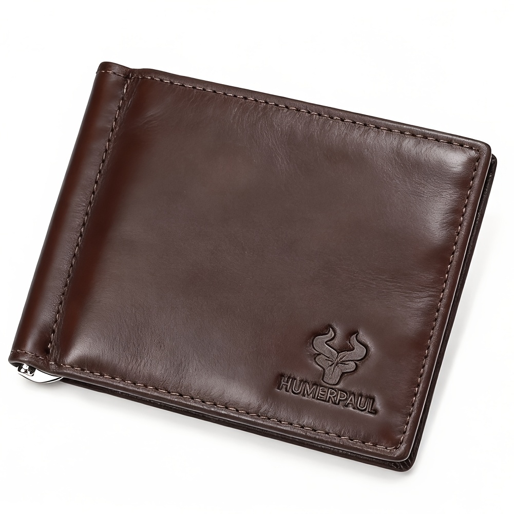 Image of Men's Humerpaul Wallet, Minimalist Ultra-thin Short Vintage Wallet, Top-grain Cowhide Id Holder Card Holder, Genuine Leather Us Bill Clip, Christmas Gift