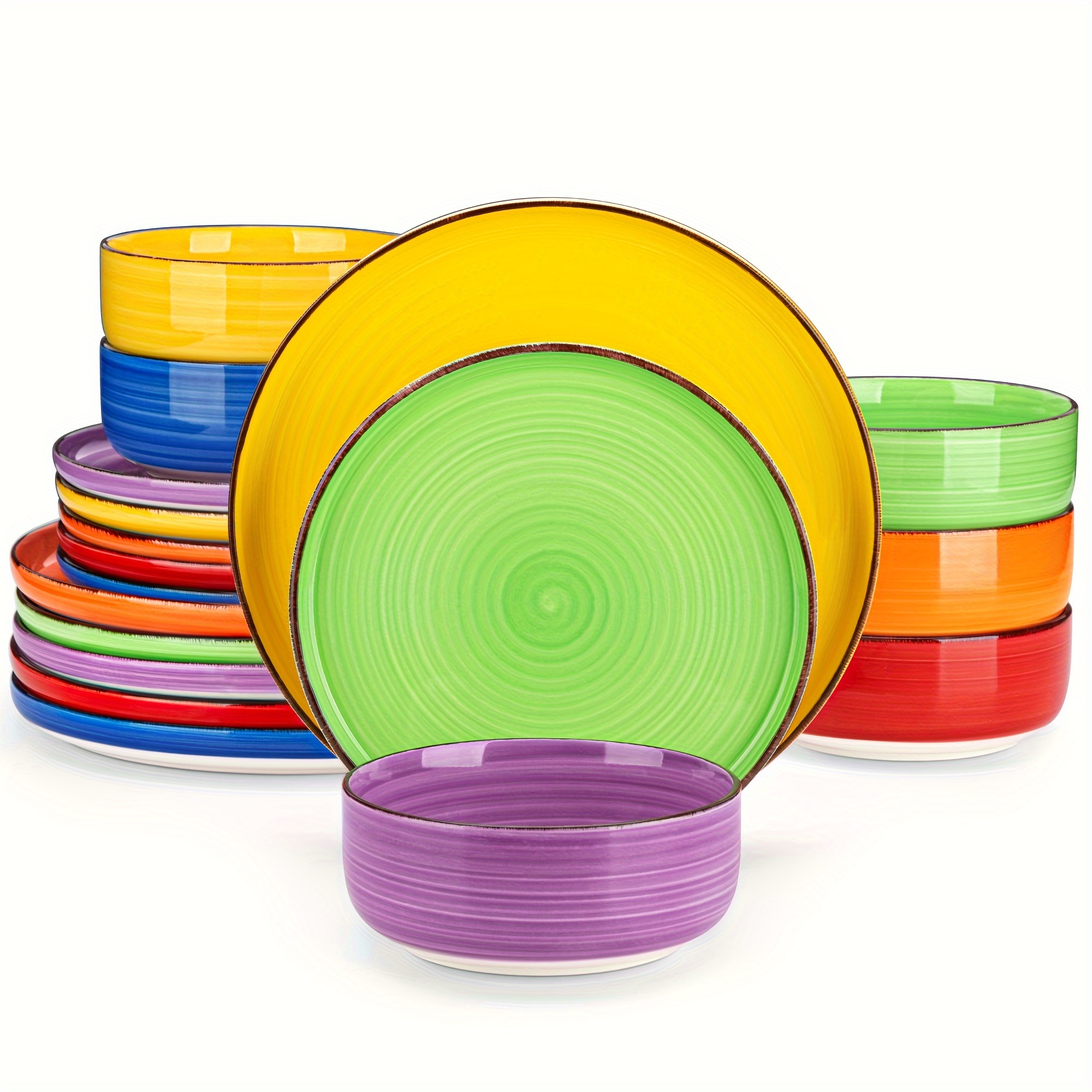 

18 Pcs Dinner Set Stoneware Colorful Hand Painted Tableware With Dinner Plate Dessert Plate & Cereal Bowl Service For 6
