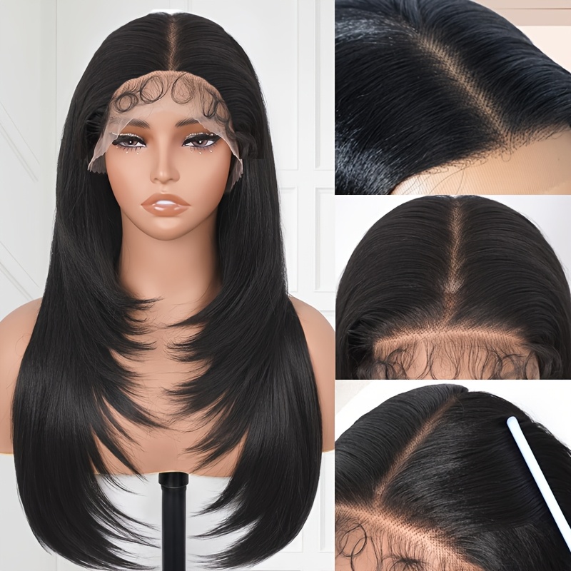 13x4 Synthetic Lace Front Wig 26 Inch Long Layered Straight With Bangs Amazon.com : Synthetic Lace Front Wigs Pre Plucked 13x4 HD  main image 3
