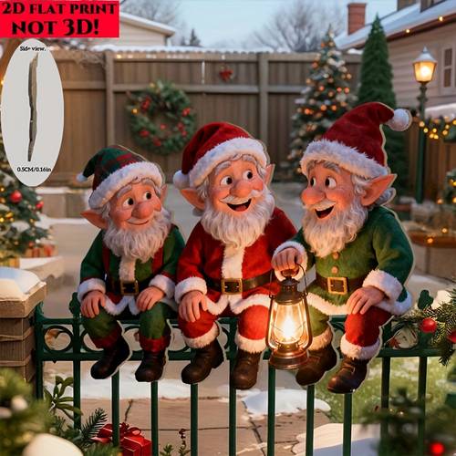 a flat single piece outdoor christmas decoration featuring three gnomes on a fence gardens and patios this large sturdy wooden ornament a fun addition to your outdoor decor and is a great christmas gift