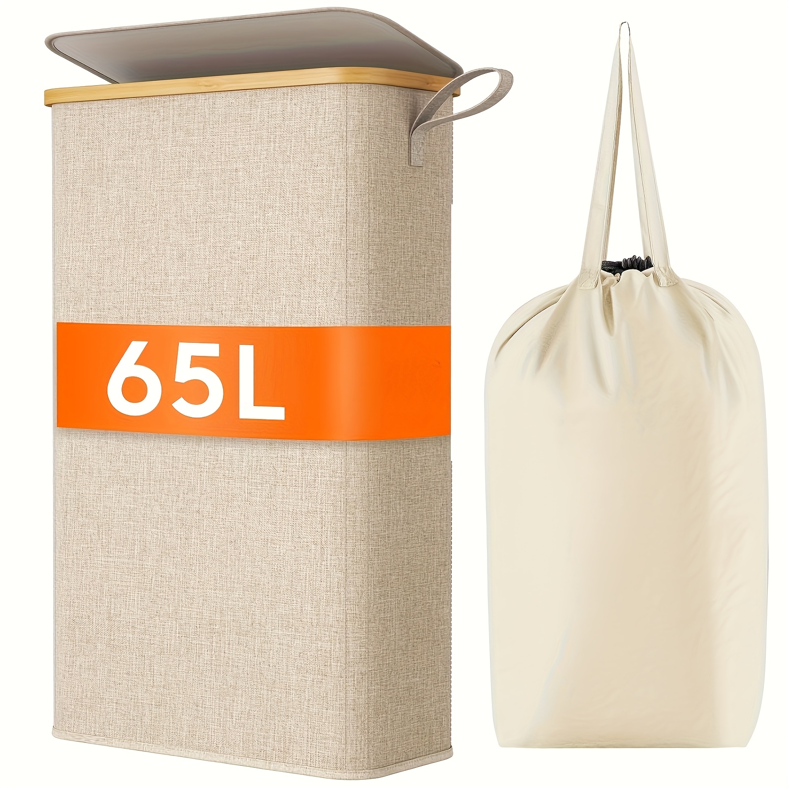 E-shop 1 Stück Großer 65L faltbarer Wäschekorb mit Deckel & Bambusgriff – Schwerlast-Gewebestoff-Aufbewahrungsbox, abnehmbare Innenfächer,