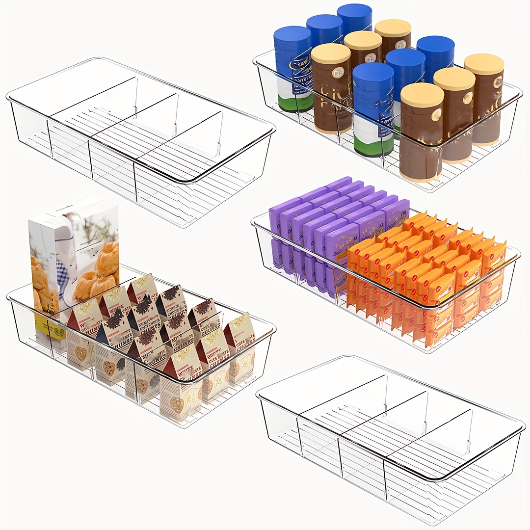 

1/2/3/4/5/6/7/8pcs Food Storage Organizer Bins Clear Plastic Removable Snack Organizer Pantry Organization Storage Racks With 3 Dividers, Kitchen, Cabinets Snacks, Packets, Spices