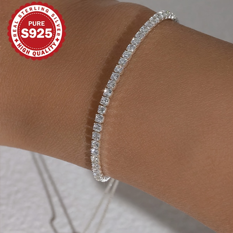 

1pc Adjustable Sterling Silver 925 Tennis Bracelet, Bling Sparkle Wristband, Sexy Style, Perfect Gift For Festive Occasions
