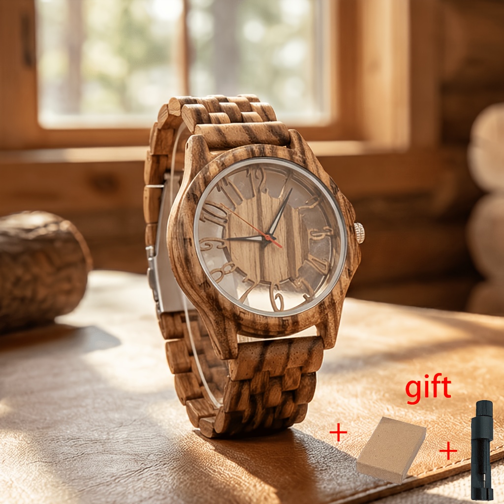 Image of Men' Quartz Watch Fashion Transparent Hollow Watch Wooden Wrist Watches For Men