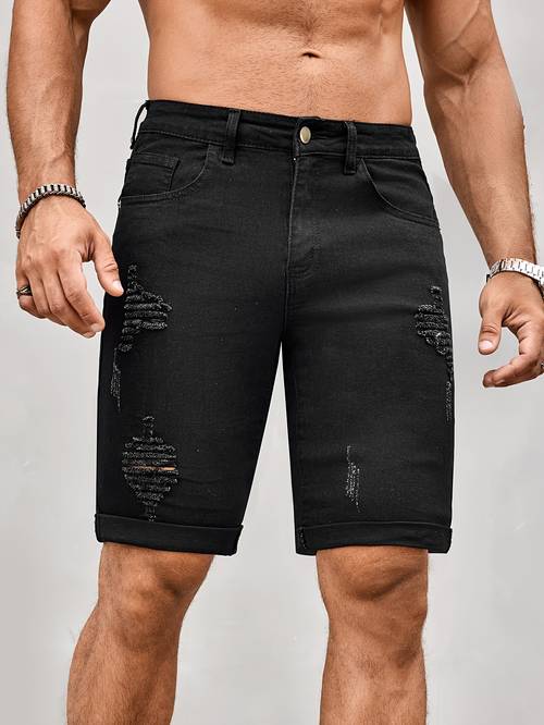 mens ripped distressed washed denim shorts