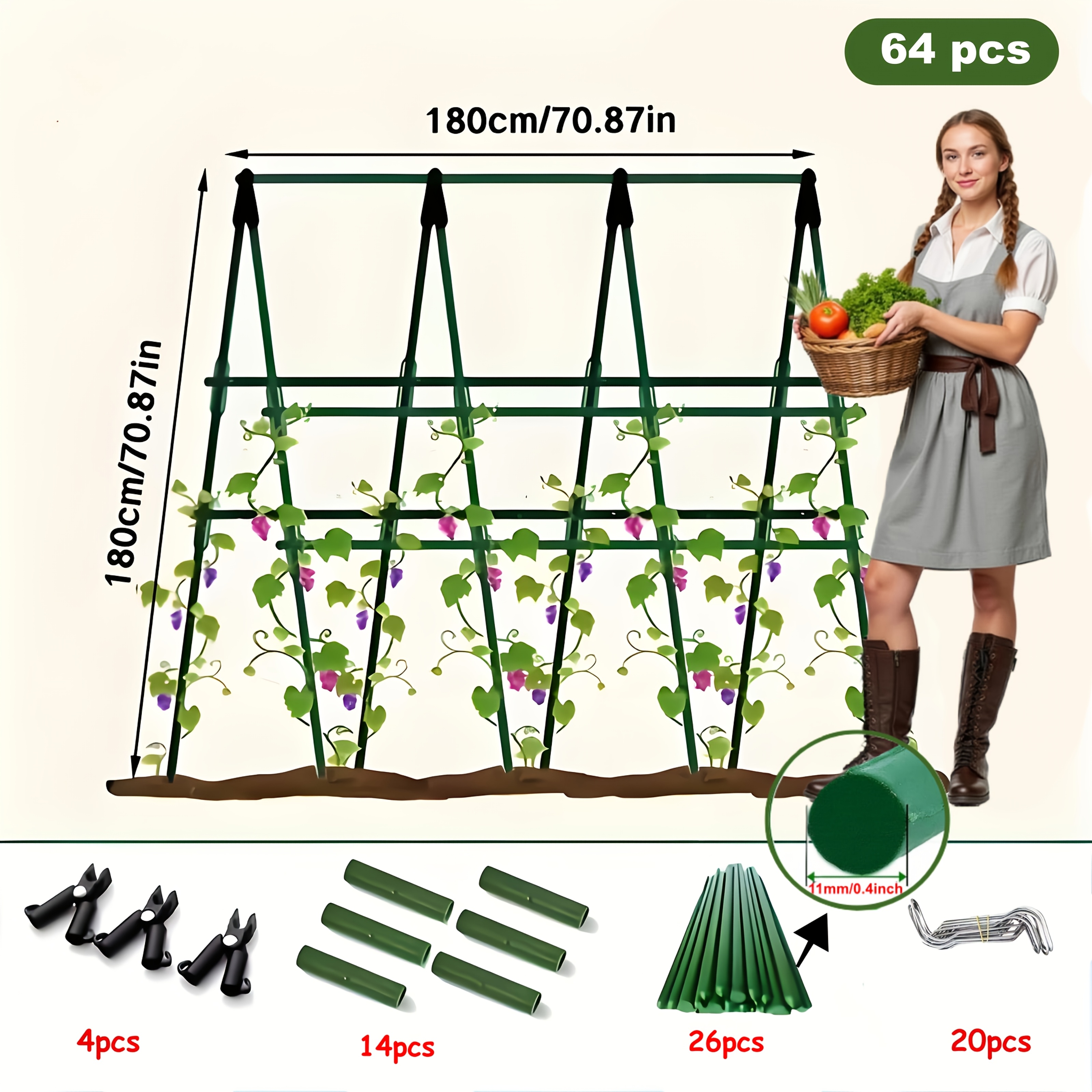 E-shop Ein Set aus 64 robusten Metallstützen für Gartenpflanzen mit einem dauerhaften, 8/11 mm , rostfreien Kern, Größe 70,87 Zoll, ideal zum Stützen