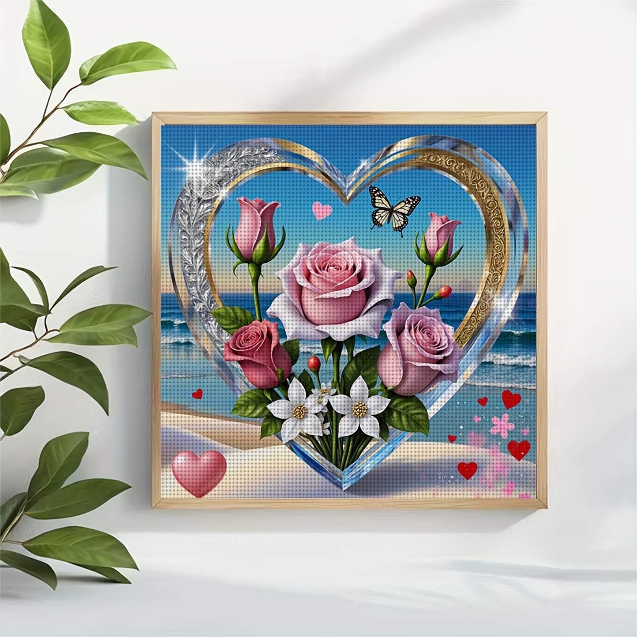Printed DIY Cross Stitch Kit, Frameless, "Heart Bouquet Beach Butterfly" Pattern