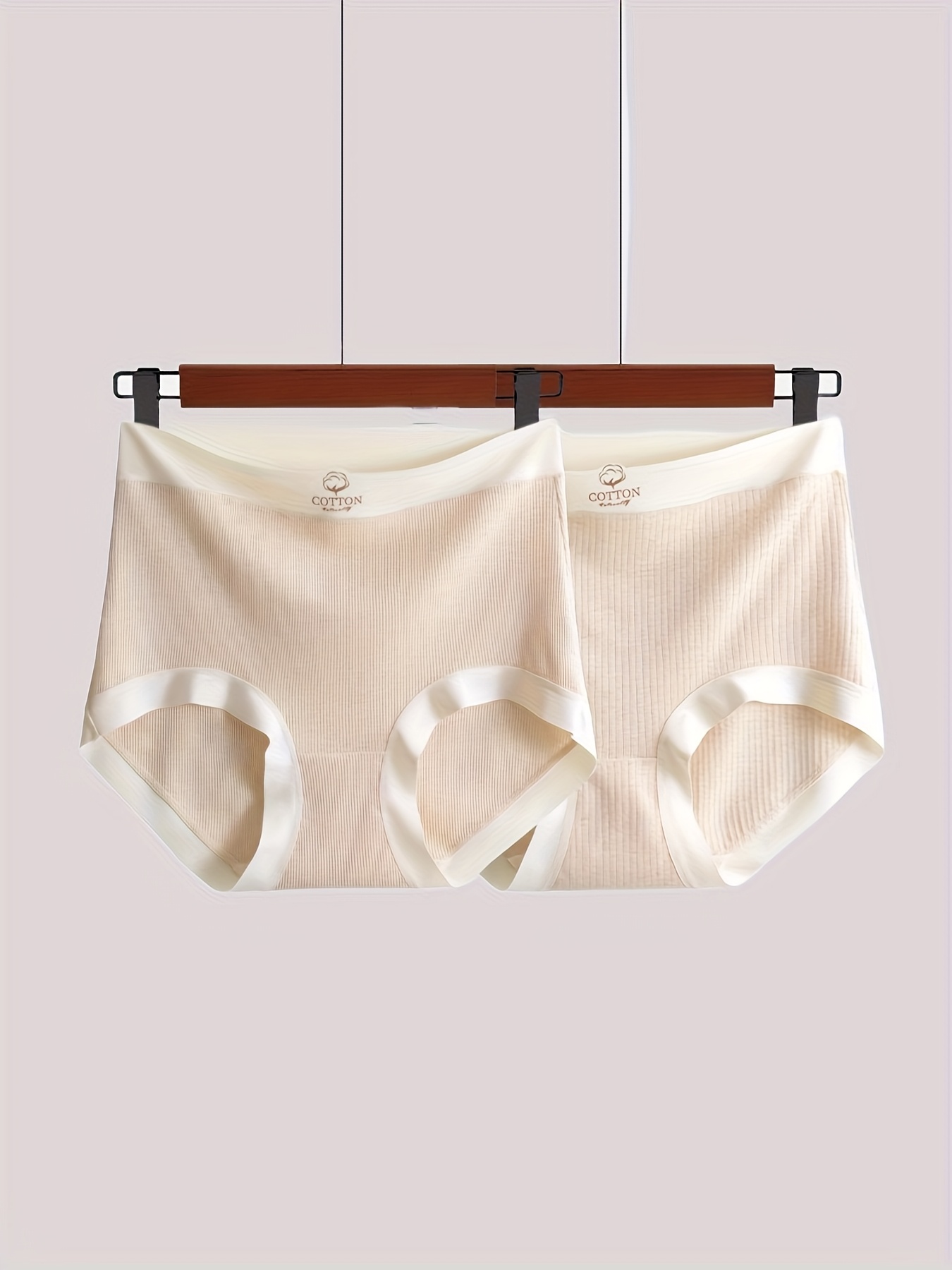 2pcs Plus Size Natural Color Screw Thread High Stretch Panties,Comfy&Breathable,Women's Briefs Essential Lingerie