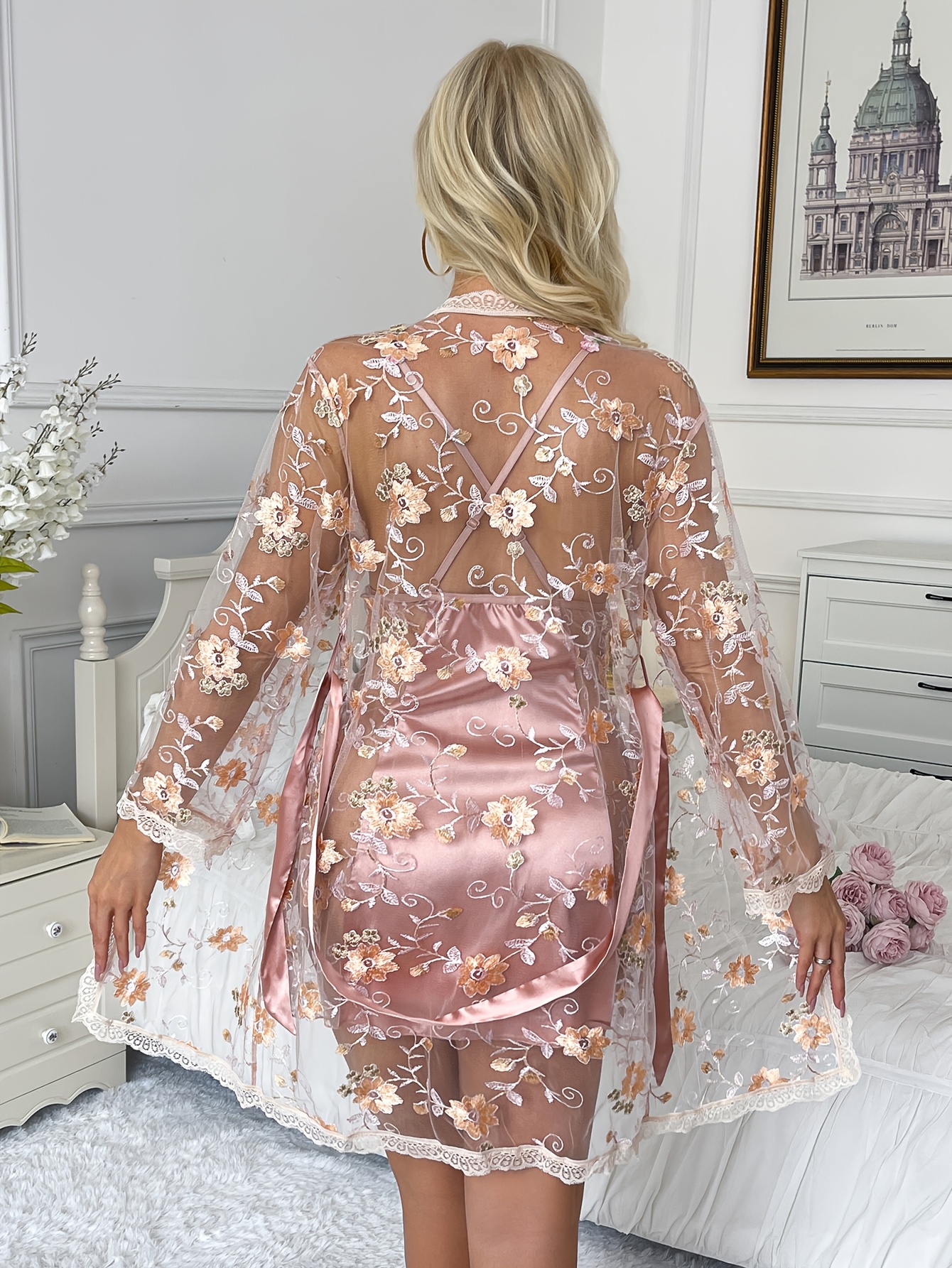 Sexy Deep V-Neck Floral Embroidered Patchwork Criss-Cross Backless Sleep Dress with Tie-Up Robe Loungewear Set BS0908
