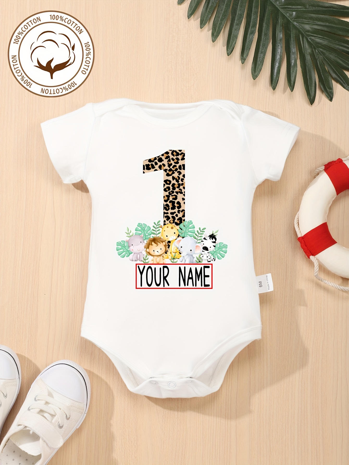 100% Cotton Giraffe and Elephant Print Short-sleeve Baby Romper