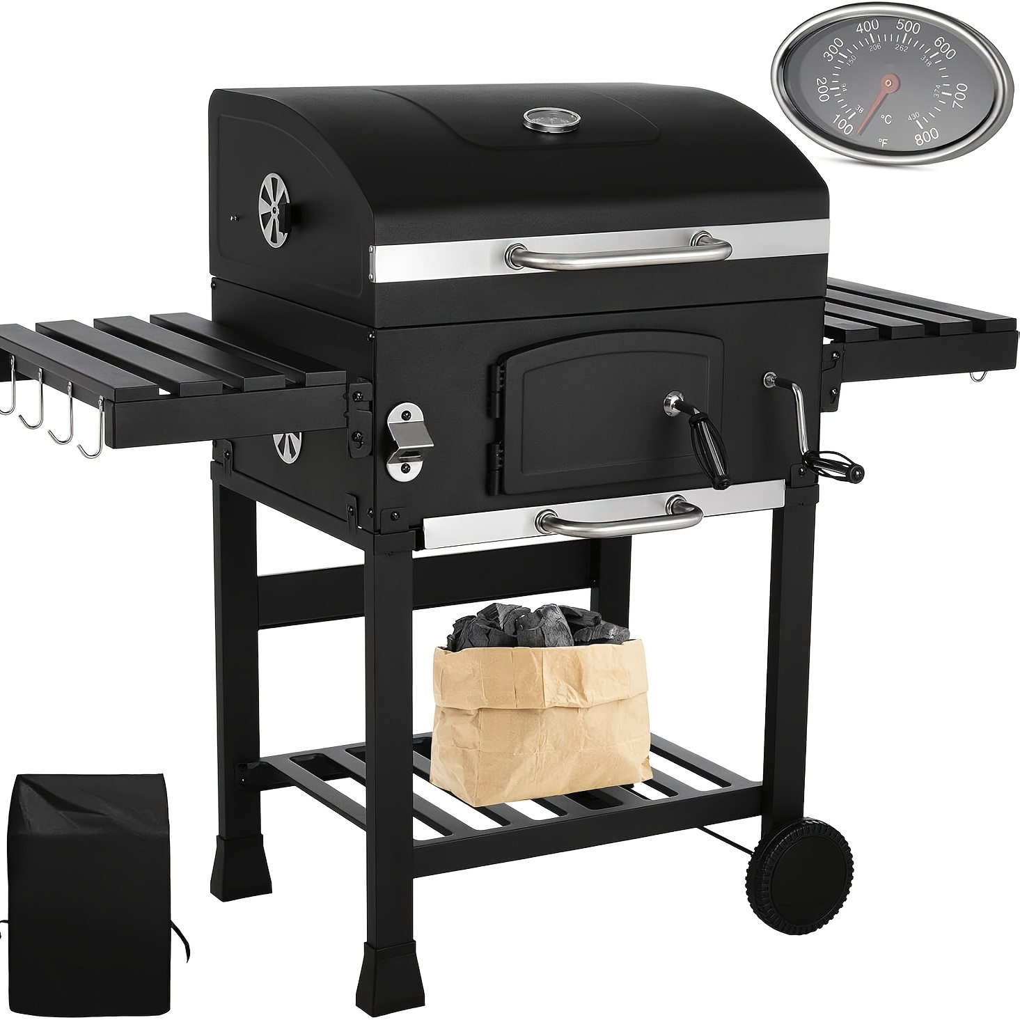 Image of Outdoor Grill, Bbq Grill, Charcoal Grill With Wheels, Thermometer And Foldable Shelves, Bbq , Large Charcoal Grill Cart For Camping, Garden, Party