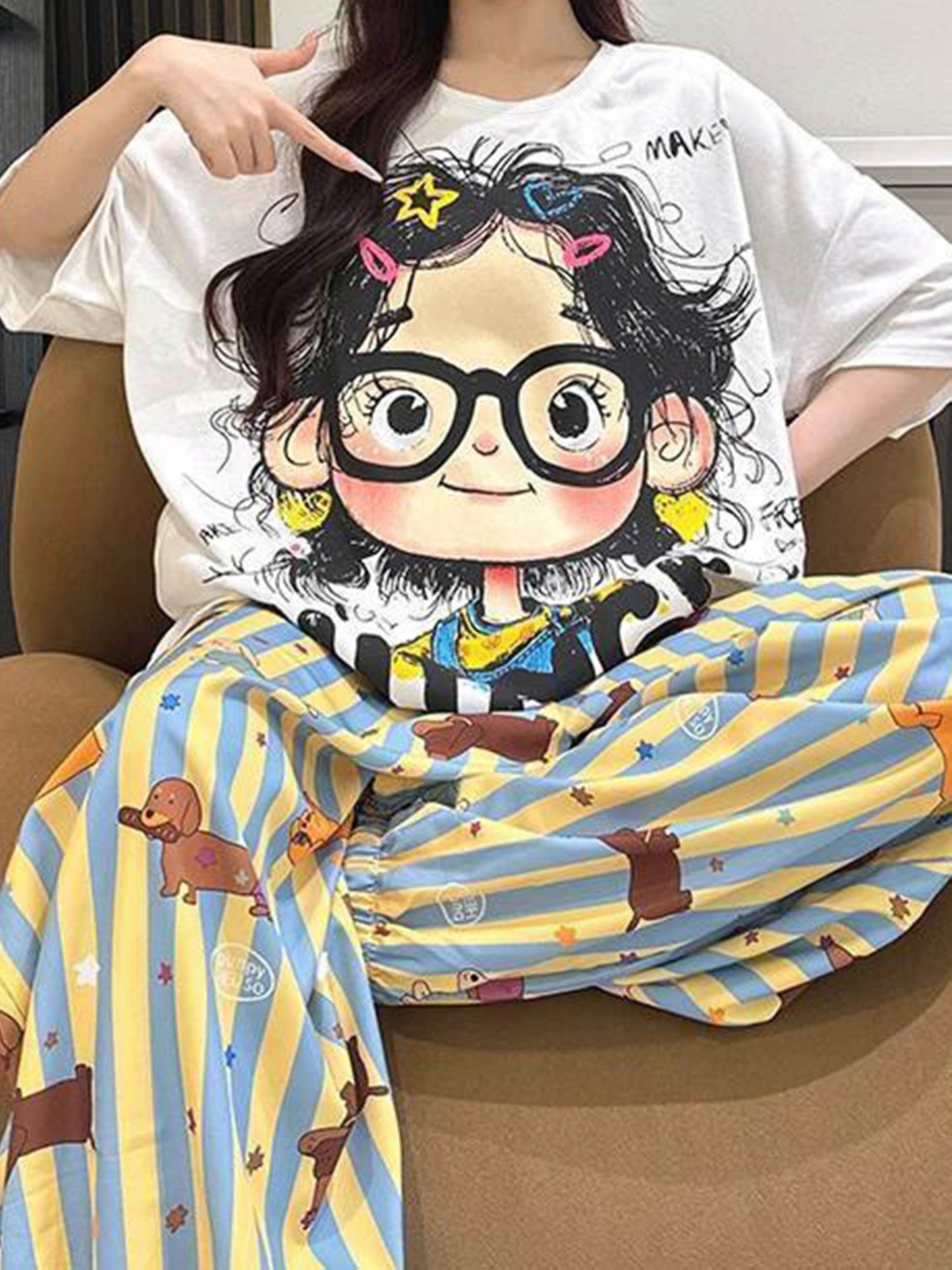 2pcs loose and comfortable set featuring a round neck short sleeve top with cute cartoon print   with long pants with   striped cartoon print