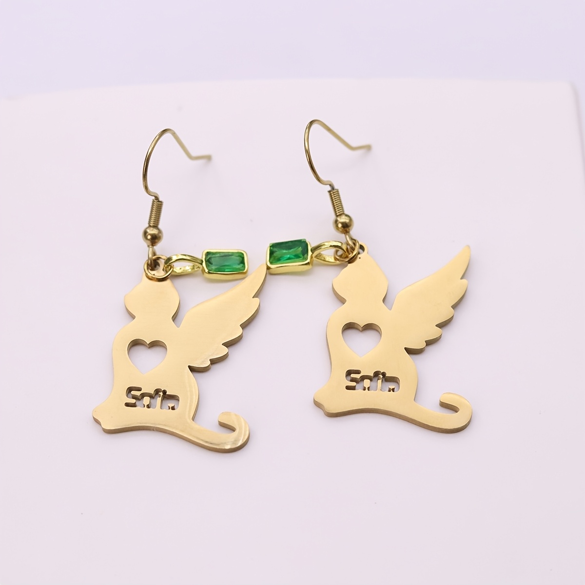 Customized Name Angel Wing Dangle Earrings with Green Zirconia