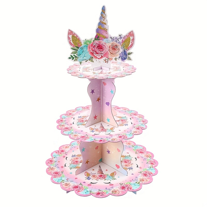 

1 Set, Cute Cupcake Stand - Cute Birthday Party Decorations 3-tier Cardboard Dessert Tower Holder Round Serving Tray Stand Horn Theme Supplies
