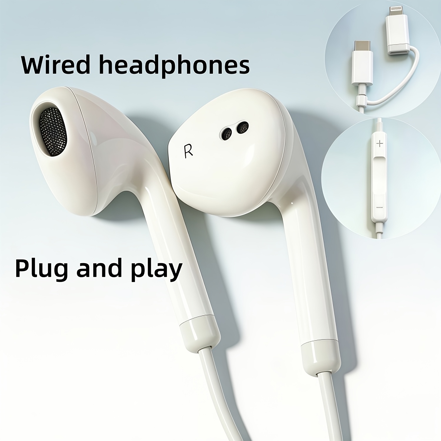 TEMU Type-c+ Lightning 2-in-1 Wired Earphones, Hifi Wired Earphones, Wear-resistant Material, Plug And Play, Compatible With Iphone