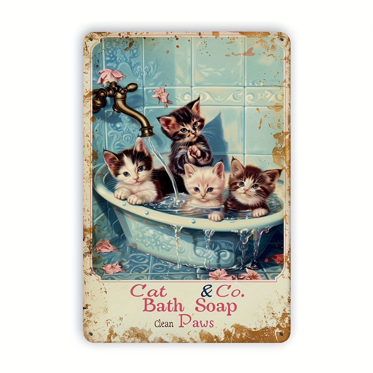 

Vintage Cat Metal Tin Sign - Kittens In Basin Scratchboard, Iron Decor For Home, Bedroom, Office, Cafe, Bar - Indoor/outdoor Hanging, Pack Of 1, 8x12 Inch