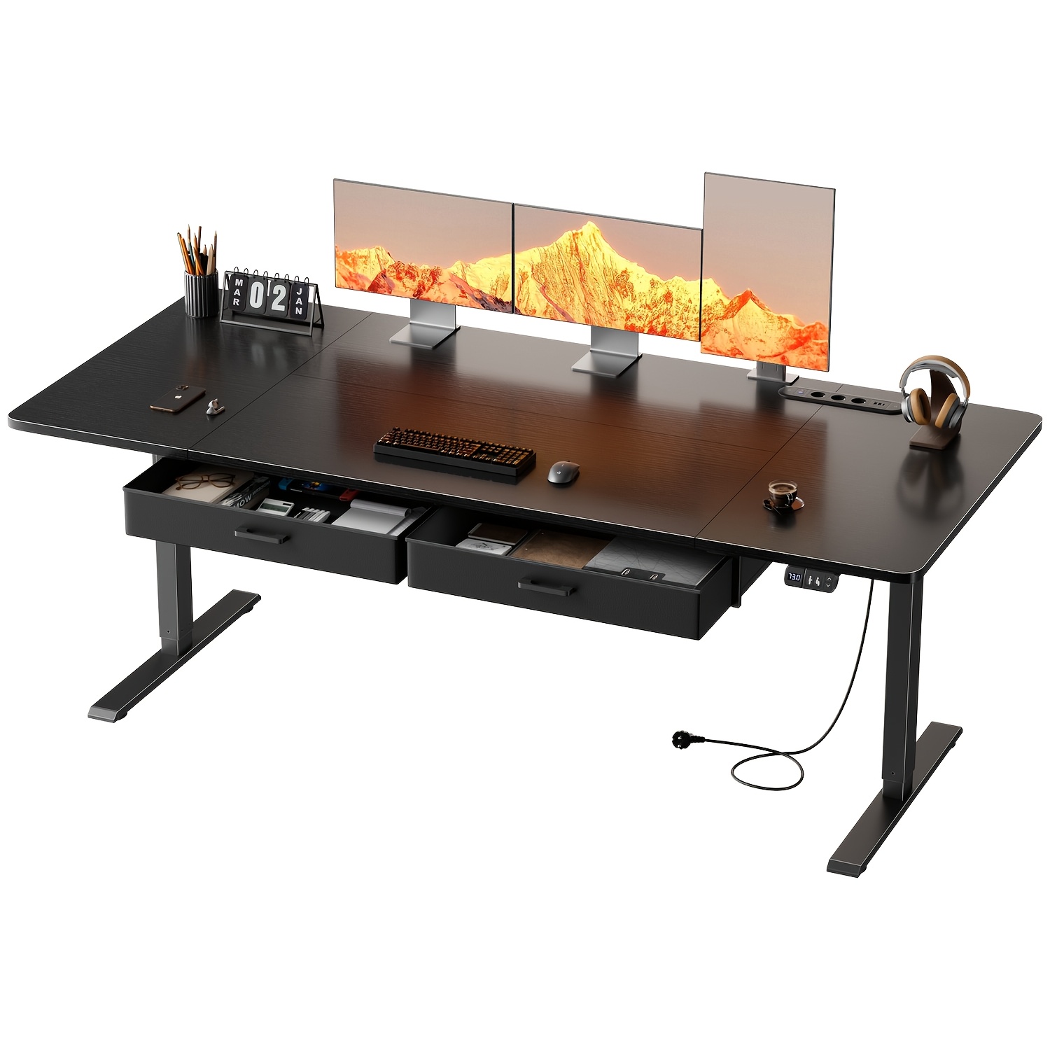 Image of Furnishia Electric Standing Desk With Memory And 2 Drawers, Height-adjustable Desk With Power Outlets, For Home Computer Desk, Writing Workstation, And Bedroom