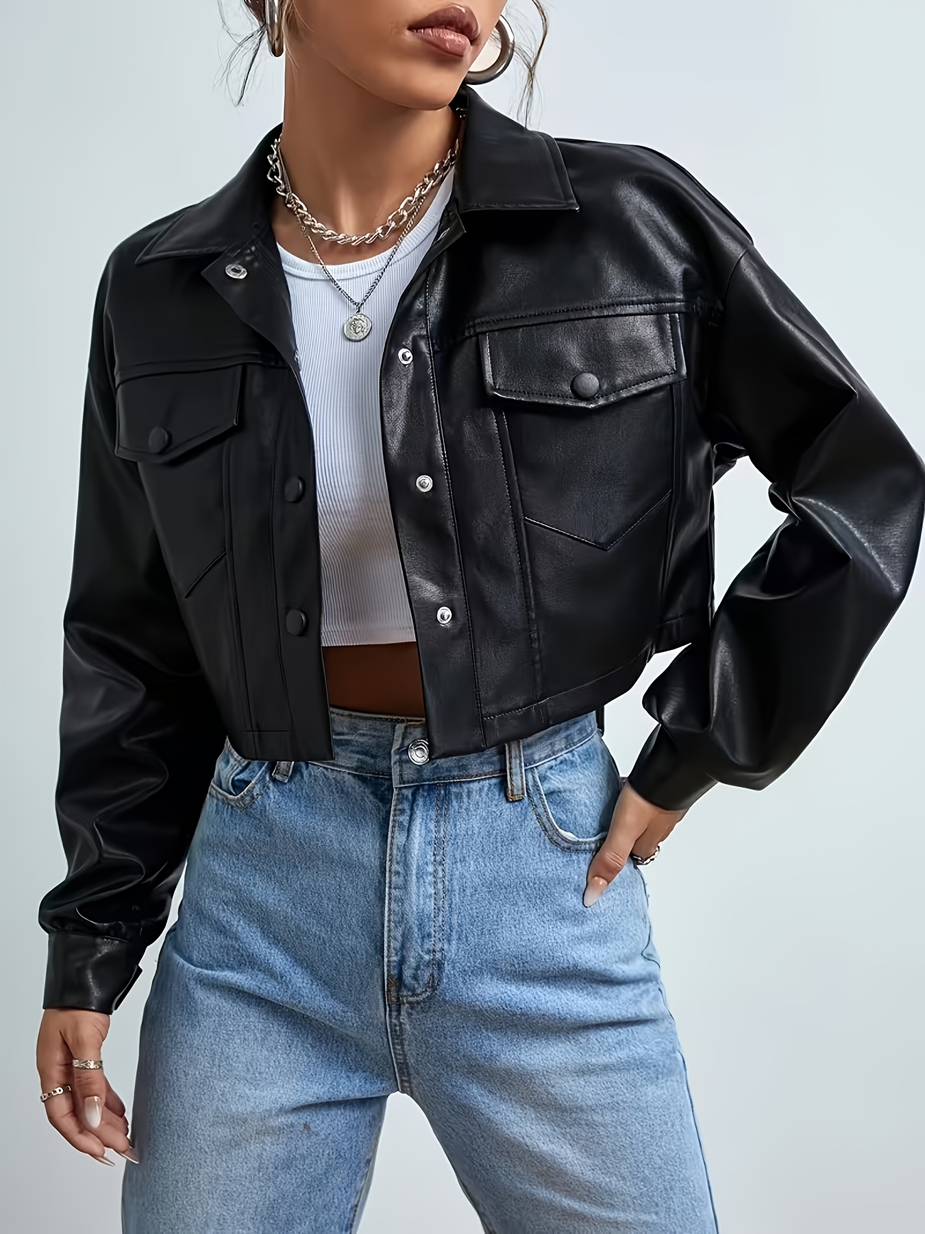 womens fashion faux leather short jacket casual long sleeve - Temu