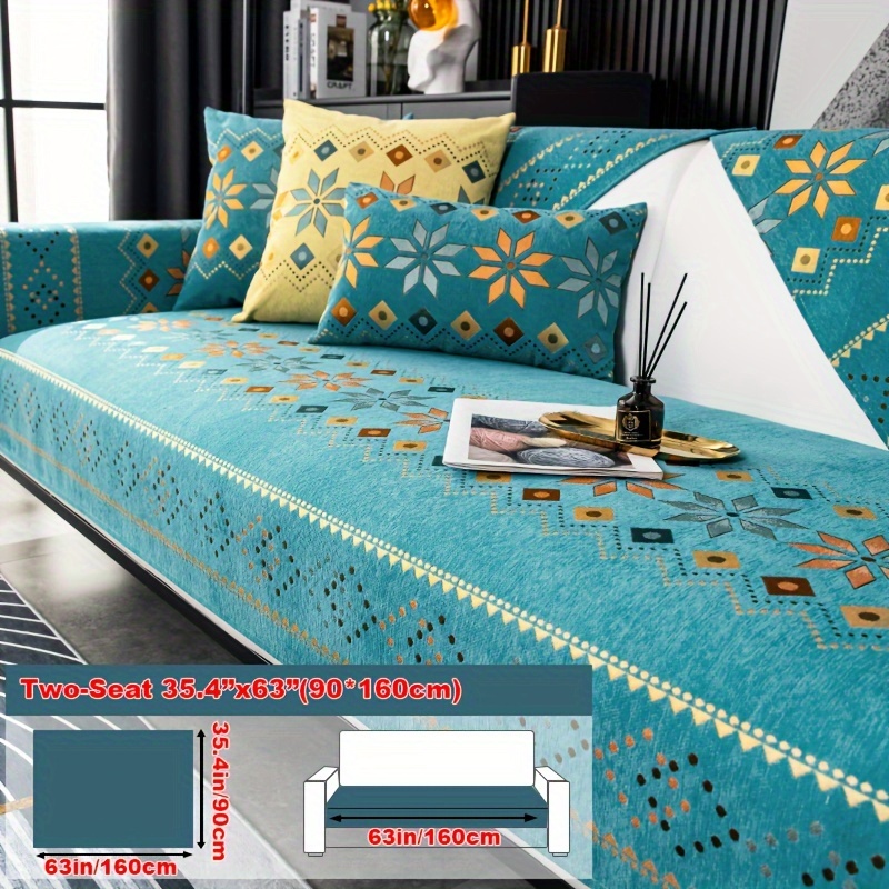 TEMU 1pc Bohemian Chenille Sofa Cover, Geometric Embroidered Pattern Sofa Cover, Sofa Protection Cover, Non Slip Sofa Cover, Bedroom, Office, Living