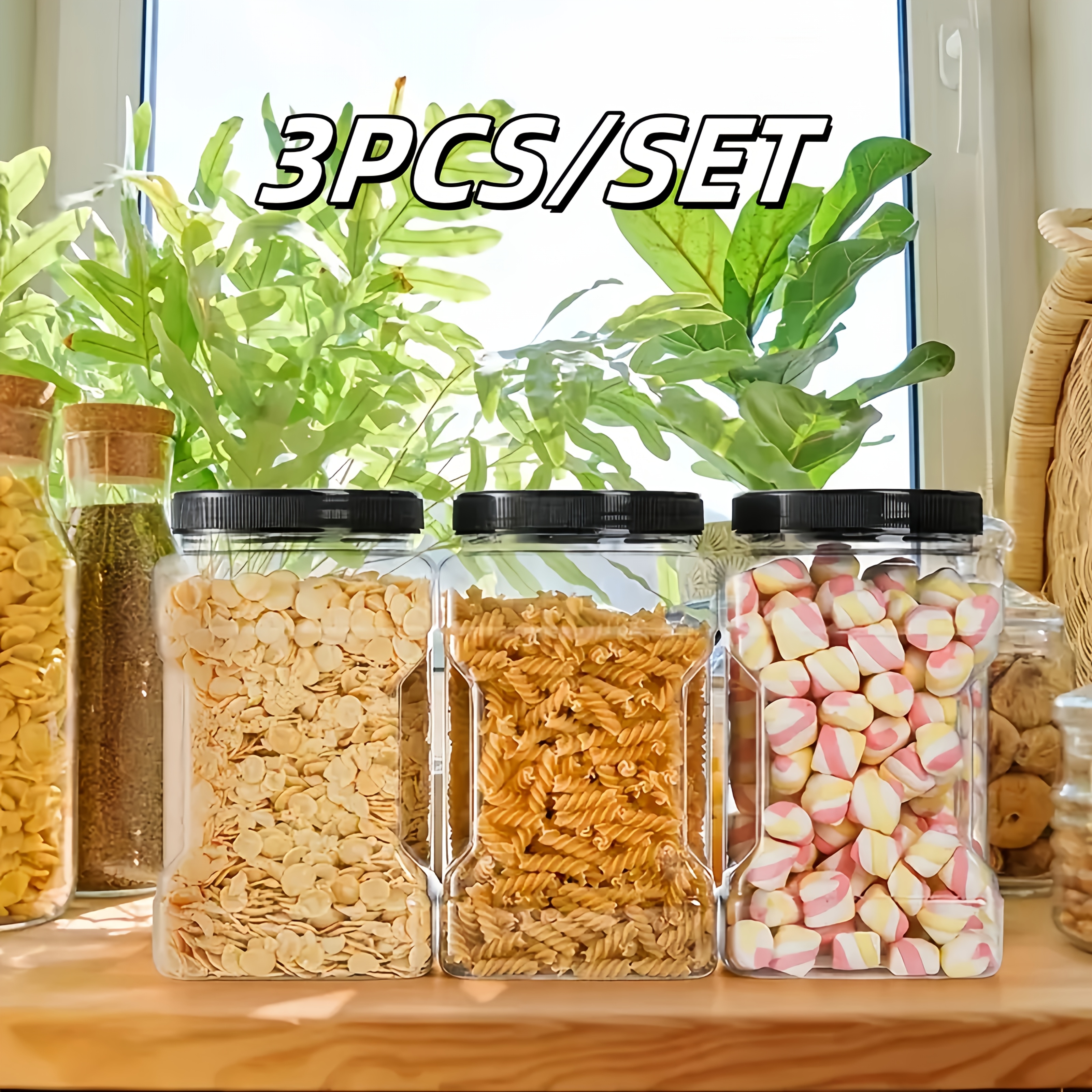 Image of [candy Server Candy Jar] 3pcs/set Clear Square Plastic Jars, Large Airtight Food Storage Containers Canister, Use For Goods, Candy, , Kitchen And Pantry, , Outdoor Products, Kitchen Supplies