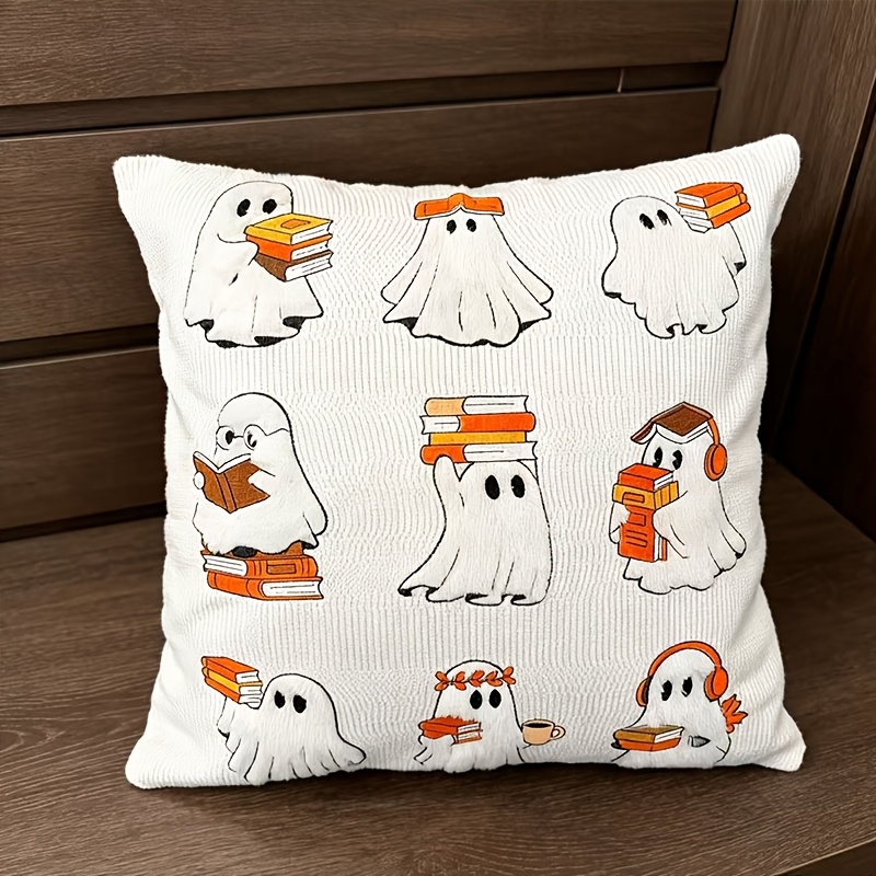 1pc Autumn Fluffy Embroidered Pillow Cover, Minimal Halloween Small Print Cushion Cover, Square Decor Single Side Pillowcase For Living Room Bedroom, Cover