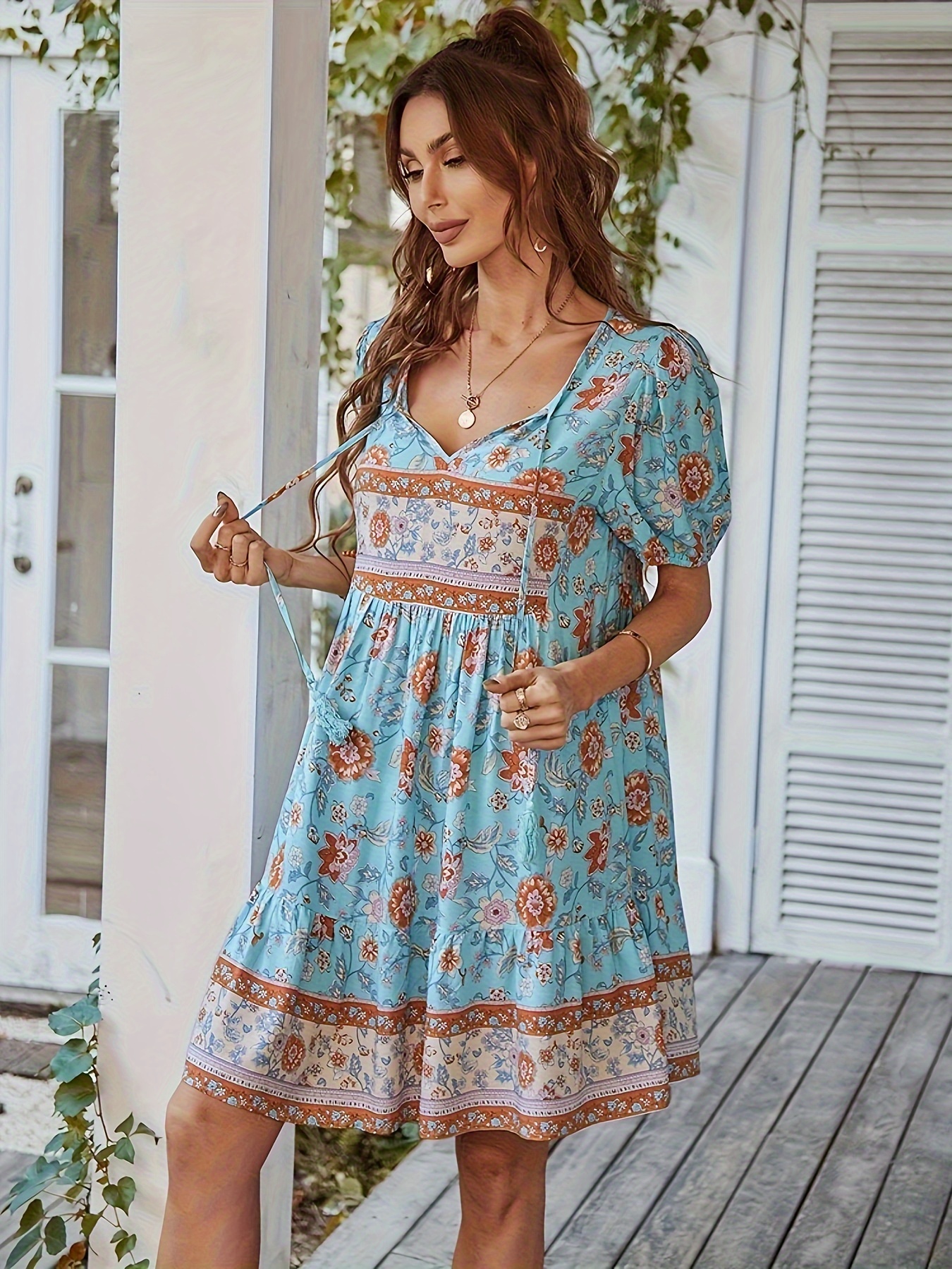 Boho Floral Print Dress, Vacation V Neck Short Sleeve Maxi Dress, Women's  Clothing