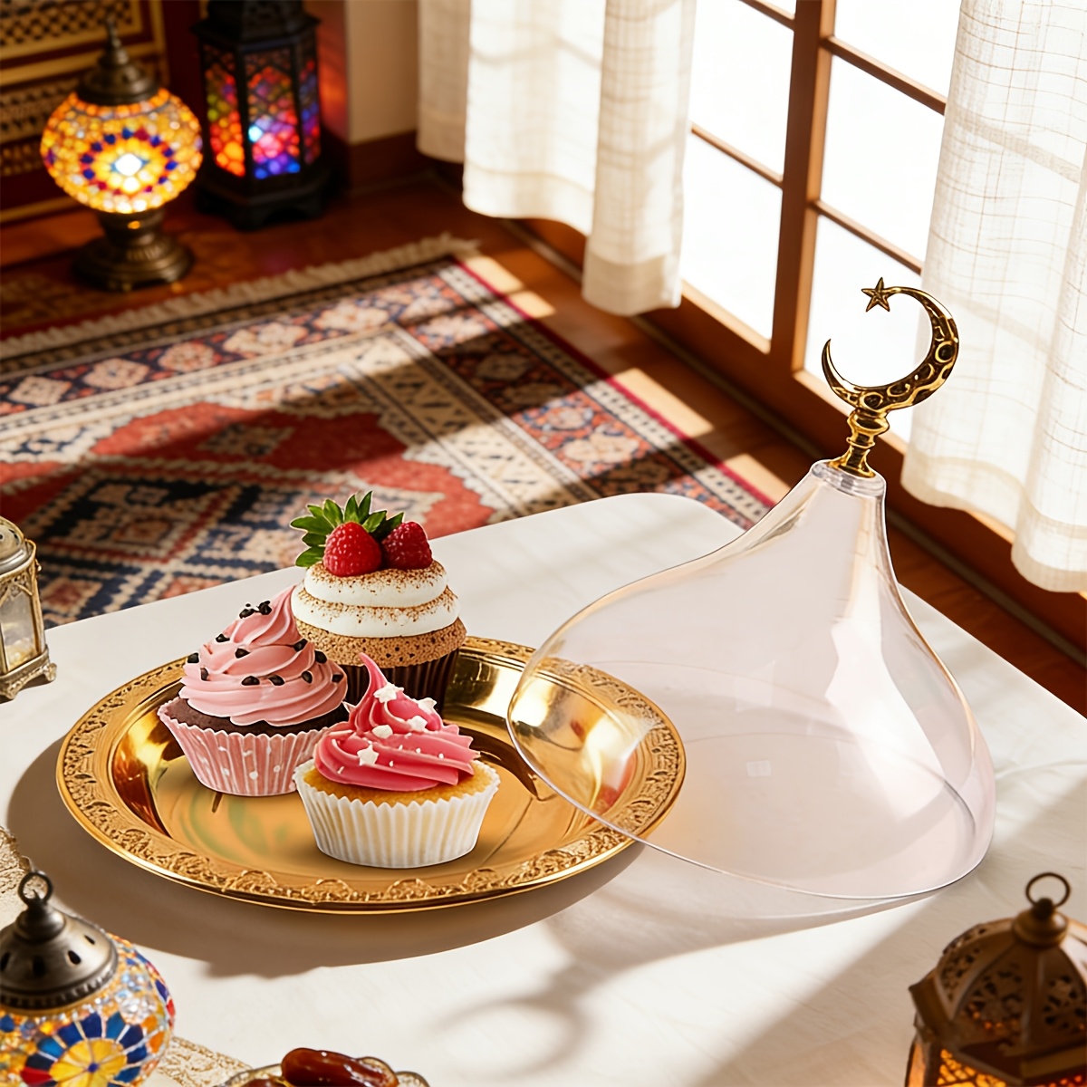 Transparent Elegant Iron Cake and Dessert Plate with Acrylic Lid 1pc Round, Food-Safe, Ideal for Ramadan and Eid al-Adha Celebrations, Perfect for Serving Desserts and Cakes, Dessert Serving Plate | Elegant Tableware | Acrylic Lid Feature