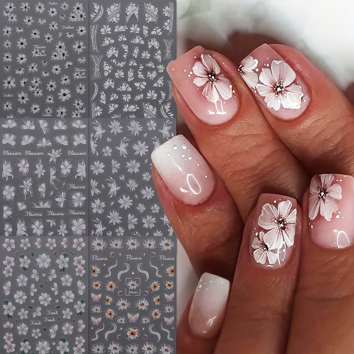 

6 Sheets Spring White Flower Design Nail Sticker Flower And Grass Nail Self Adhesive Decoration Nail Art Decals For Women And Girls