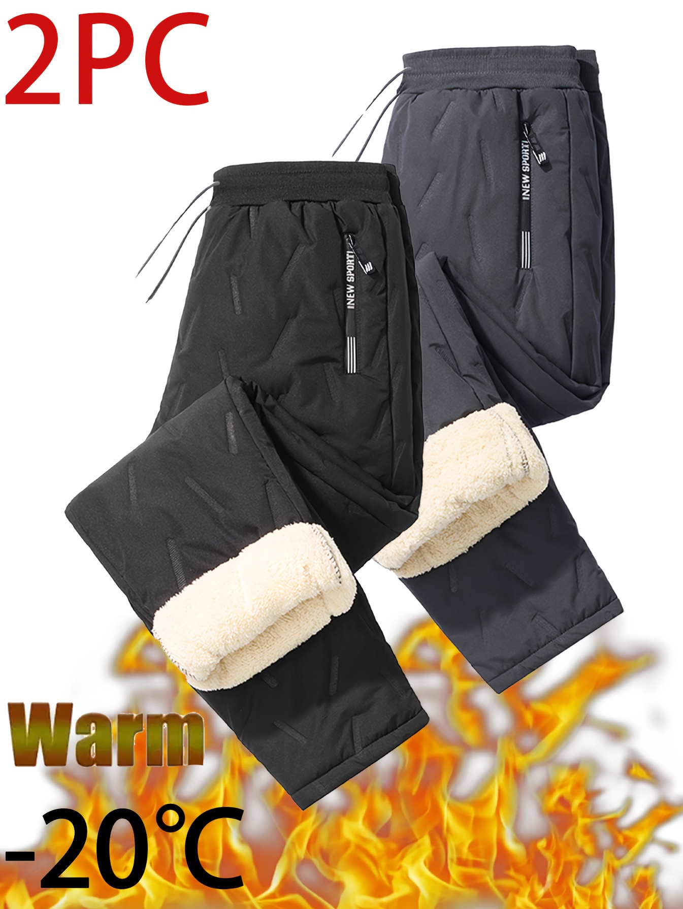 Men s Heavy-Duty Thermal Pants - -20°C Cold  , Windproof & Leakproof Winter Trousers with Plush Interior Lining, Drawstring Waist - Thick Ski, Cycling, Jogging Pants for   - (Black/, 2pcs Bundle)