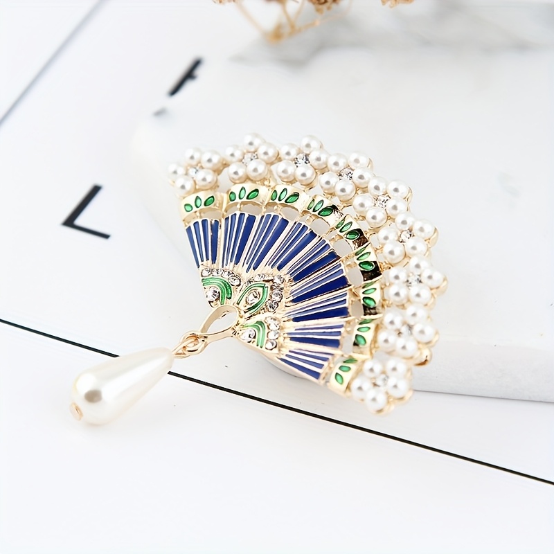 Chinese Style Vintage Bamboo Fan Pendant Brooch with Imitation Pearls