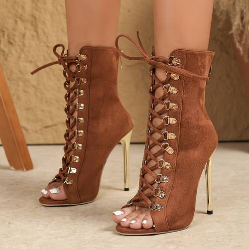 1pr vintage solid color western style boots round toe zipper closure flannel upper with rubber sole polyurethane insole stiletto heel lace up calf booties with fish mouth design
