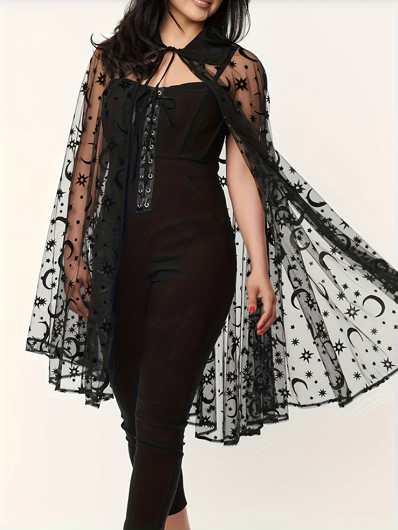 Plus Size Moon Pattern Mesh Cape, Casual Sheer Lace Up Mesh Cape, Women's  Plus Size Clothing