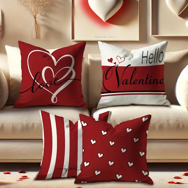 

4pcs 's Day Throw Pillow Covers Set - Red & Designs, Soft Polyester, Zipper Closure, Machine Washable - Sofa & Bed Decor, Pillows For Couch