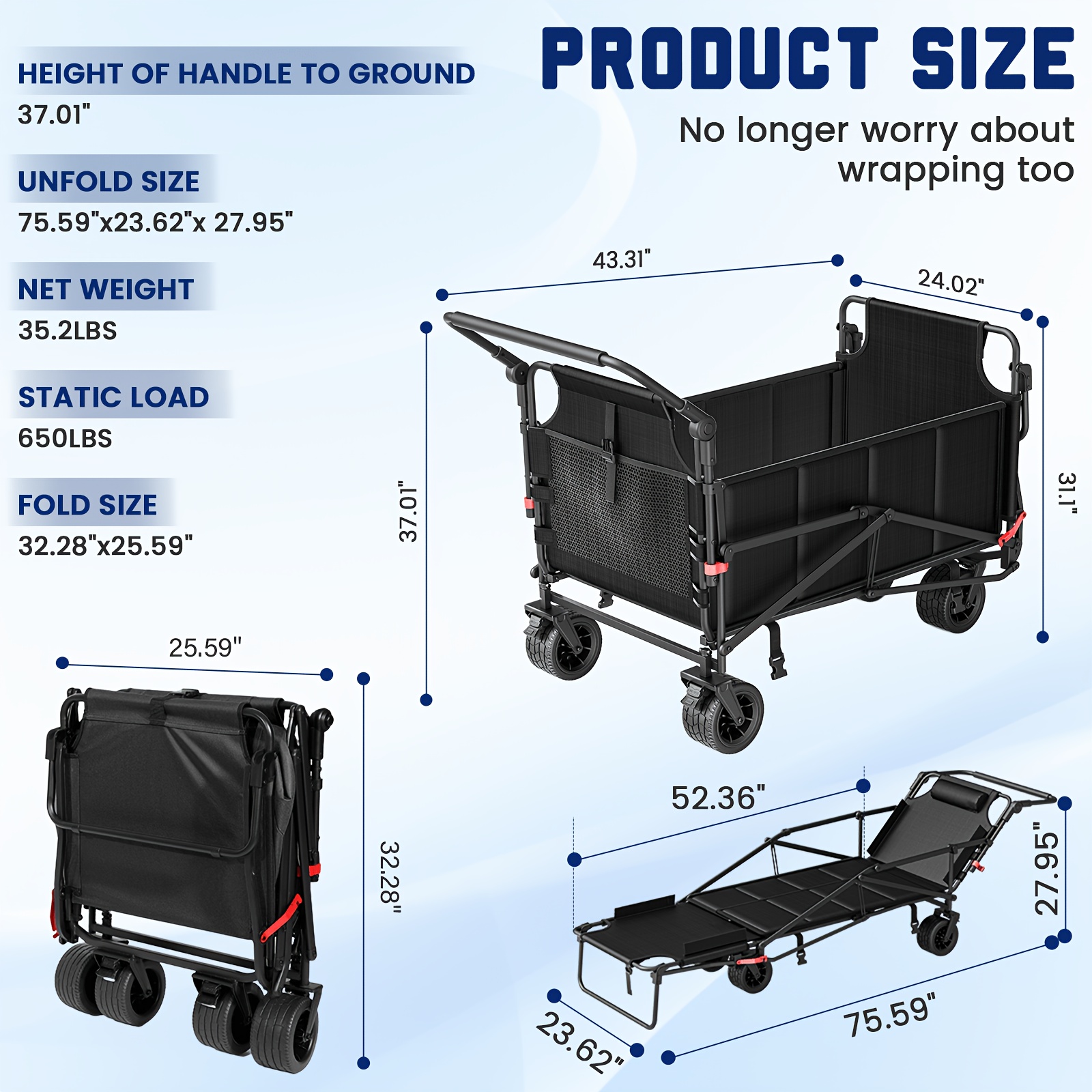 [Heavy Duty Folding Wagon] LEVELEVE Heavy Duty Folding Wagon-2-in-1 Collapsible Cart 400lb, 650lb Capacity All-Terrain Wheels W/Brakes And ASide Pockets